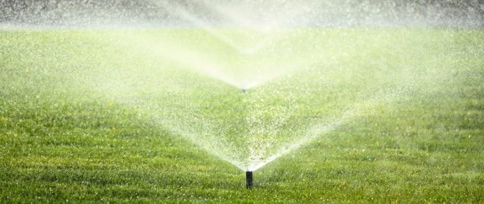 Sprinkler head spraying water on a lawn in Lubbock, TX.